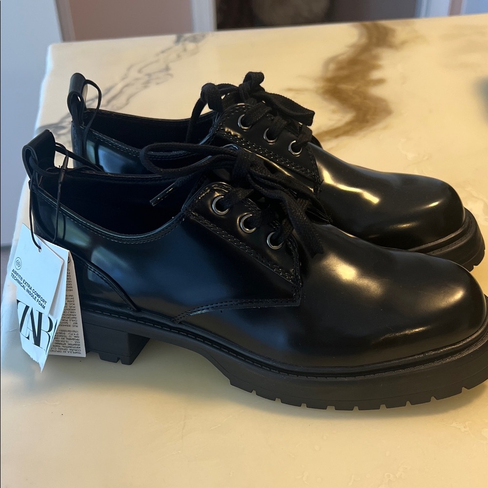 Zara Glossy Black Lace-Up Shoes